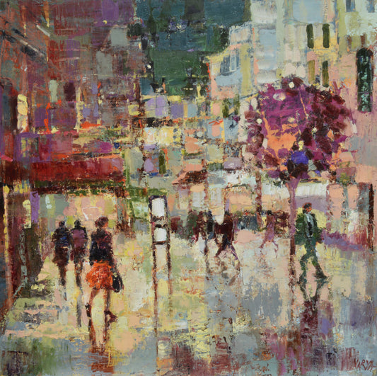 Late Night street scene oil painting of woman